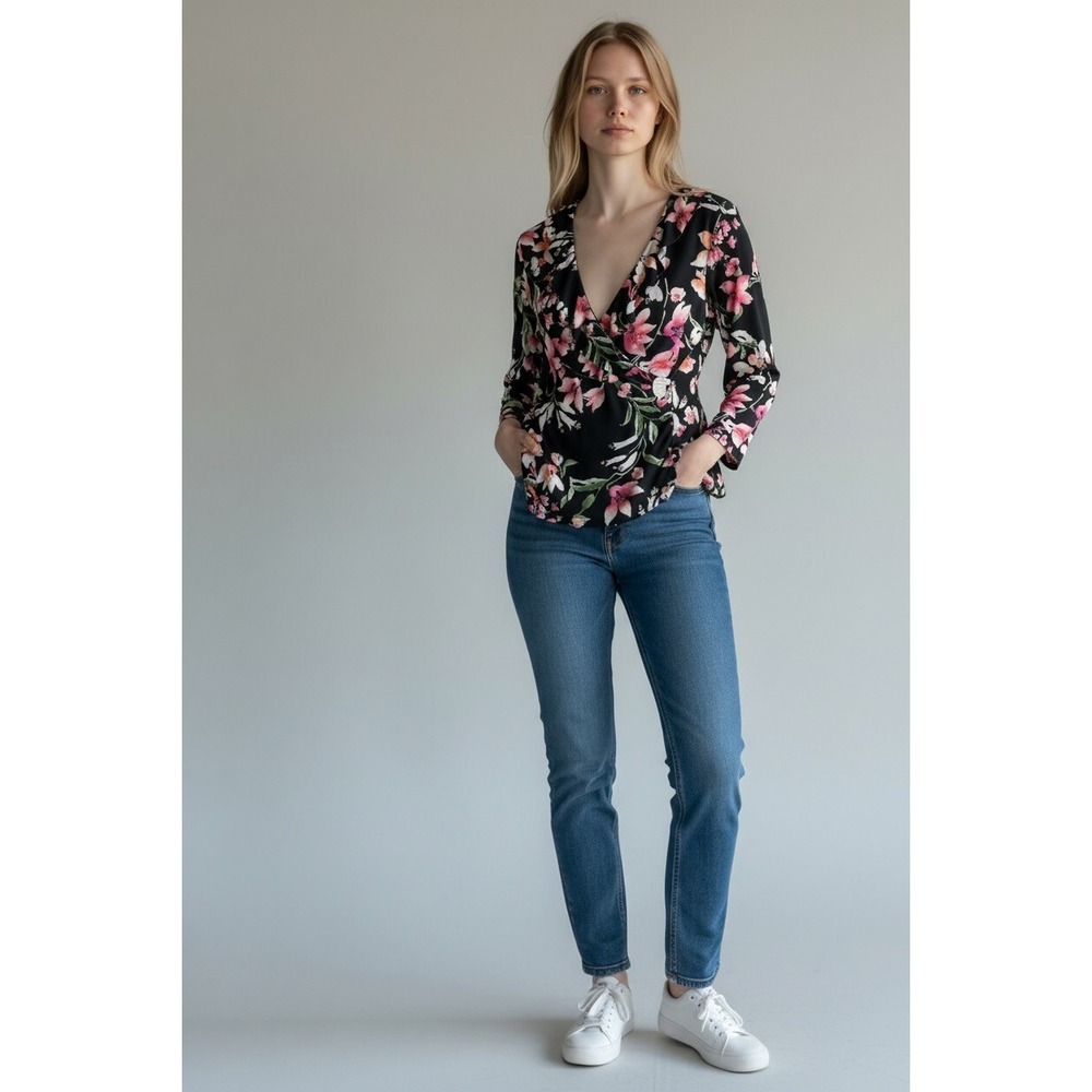 Investments Black/Pink Floral Wrap‎ Blouse Stretch Career Office Medium